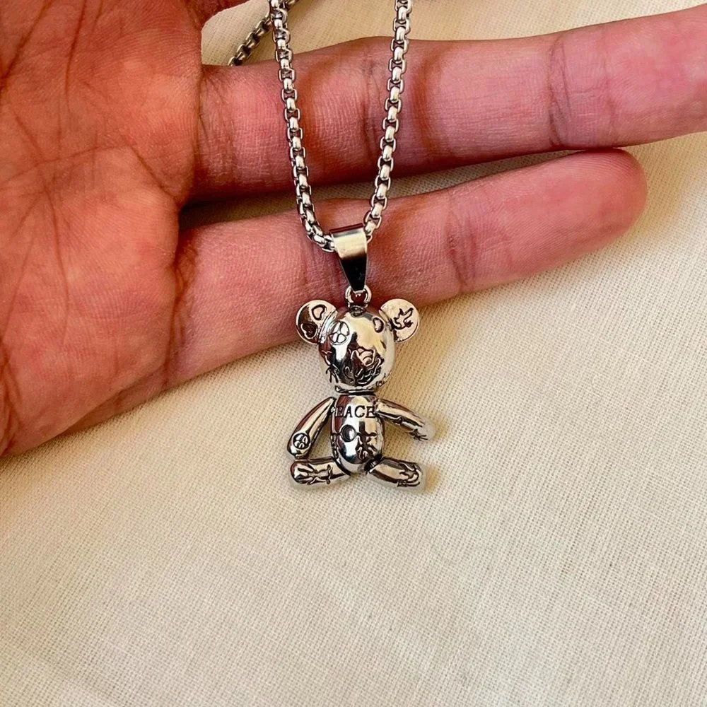 y2k grunge chrome silver bear peace pendant necklace
